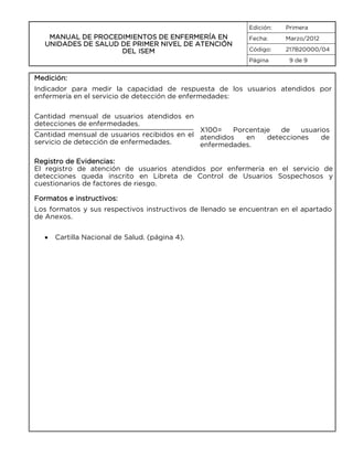 Edición:

MANUAL DE PROCEDIMIENTOS DE ENFERMERÍA EN
UNIDADES DE SALUD DE PRIMER NIVEL DE ATENCIÓN
DEL ISEM

Primera

Fecha:

Marzo/2012

Código:

217B20000/04

Página

9 de 9

Medición:
Indicador para medir la capacidad de respuesta de los usuarios atendidos por
enfermería en el servicio de detección de enfermedades:
Cantidad mensual de usuarios atendidos en
detecciones de enfermedades.

X100=
Porcentaje
de
usuarios
Cantidad mensual de usuarios recibidos en el atendidos
en
detecciones
de
servicio de detección de enfermedades.
enfermedades.
Registro de Evidencias:
El registro de atención de usuarios atendidos por enfermería en el servicio de
detecciones queda inscrito en Libreta de Control de Usuarios Sospechosos y
cuestionarios de factores de riesgo.
Formatos e instructivos:
Los formatos y sus respectivos instructivos de llenado se encuentran en el apartado
de Anexos.
•

Cartilla Nacional de Salud. (página 4).

 
