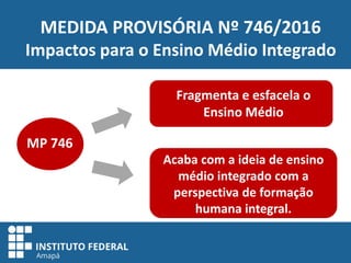 MEDIDA PROVISÓRIA Nº 746/2016
Impactos para o Ensino Médio Integrado
MP 746
Fragmenta e esfacela o
Ensino Médio
Acaba com a ideia de ensino
médio integrado com a
perspectiva de formação
humana integral.
 