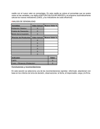 casilla con el nuevo valor en porcentajes. En esta casilla se coloca el porcentaje que se quiere
variar en las variables y se digita el BOTON CALCULAR INDICES y el programa automáticamente
calcula los nuevos indicadores (CAES, y los indicadores de costo eficiencia)
ANALISIS DE SENSIBILIDAD
Variables Valor Actual Nuevo Valor %
Población Objetivo 0
Costos de Operación 0
Monto de la Inversión 0
Precios de Productos Valor Actual Nuevo Valor %
0
0
0
0
0
0
Indicador Valor
CAES 0
Costo - Eficiencia (Población) 0
Conclusiones y recomendaciones
En esta sección se selecciona una de las recomendaciones (aprobar, reformular, abandonar) con
base en los criterios de toma de decisión, observaciones, la fecha, el responsable, cargo y la firma.
 