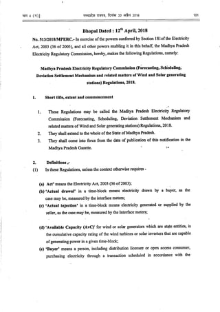 Madhya Pradesh Electricity Regulatory Commission (Forecasting, Scheduling, Deviation Settlement Mechanism and Related matters of Wind and Solar generating stations) Regulations, 2018