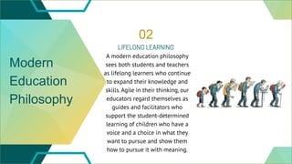Modern
Education
Philosophy
02
A modern education philosophy
sees both students and teachers
as lifelong learners who cont...