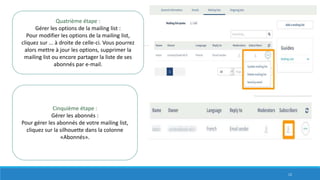 Quatrième étape :
Gérer les options de la mailing list :
Pour modifier les options de la mailing list,
cliquez sur ... à droite de celle-ci. Vous pourrez
alors mettre à jour les options, supprimer la
mailing list ou encore partager la liste de ses
abonnés par e-mail.
Cinquième étape :
Gérer les abonnés :
Pour gérer les abonnés de votre mailing list,
cliquez sur la silhouette dans la colonne
«Abonnés».
12
 