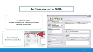 Les étapes pour créer un fil RSS :
La première étape :
Trouvez un logiciel de création de flux RSS
Exemple : RSS builder
Deuxième étape :
Créer un nouveau flux
24
 