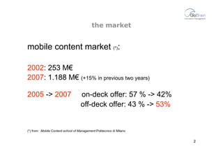 the market


mobile content market (*):

2002: 253 M€
2007: 1.188 M€ (+15% in previous two years)

2005 -> 2007           ...