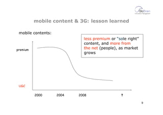 mobile content & 3G: lesson learned

 mobile contents:
                             less premium or “sole right”
         ...