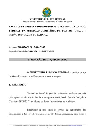 Manifestação do Ministério Público Federal pelo arquivamento do caso | PDF