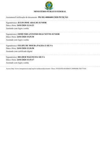 MINISTÉRIO PÚBLICO FEDERAL
Assinatura/Certificação do documento PR-MG-00004001/2020 PETIÇÃO
Signatário(a): JULIO JOSE ARAUJO JUNIOR
Data e Hora: 24/01/2020 15:14:23
Assinado com login e senha
Signatário(a): EDMUNDO ANTONIO DIAS NETTO JUNIOR
Data e Hora: 24/01/2020 15:29:30
Assinado com login e senha
Signatário(a): FELIPE DE MOURA PALHA E SILVA
Data e Hora: 24/01/2020 15:10:58
Assinado com certificado digital
Signatário(a): HELDER MAGNO DA SILVA
Data e Hora: 24/01/2020 15:15:17
Assinado com login e senha
Acesse http://www.transparencia.mpf.mp.br/validacaodocumento. Chave 3935E43D.4E4EB63F.2840848B.7B37710A
 