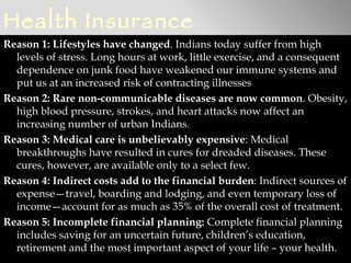 Health Insurance
Reason 1: Lifestyles have changed. Indians today suffer from high
  levels of stress. Long hours at work, little exercise, and a consequent
  dependence on junk food have weakened our immune systems and
  put us at an increased risk of contracting illnesses
Reason 2: Rare non-communicable diseases are now common. Obesity,
  high blood pressure, strokes, and heart attacks now affect an
  increasing number of urban Indians.
Reason 3: Medical care is unbelievably expensive: Medical
  breakthroughs have resulted in cures for dreaded diseases. These
  cures, however, are available only to a select few.
Reason 4: Indirect costs add to the financial burden: Indirect sources of
  expense—travel, boarding and lodging, and even temporary loss of
  income—account for as much as 35% of the overall cost of treatment.
Reason 5: Incomplete financial planning: Complete financial planning
  includes saving for an uncertain future, children’s education,
  retirement and the most important aspect of your life – your health.
 