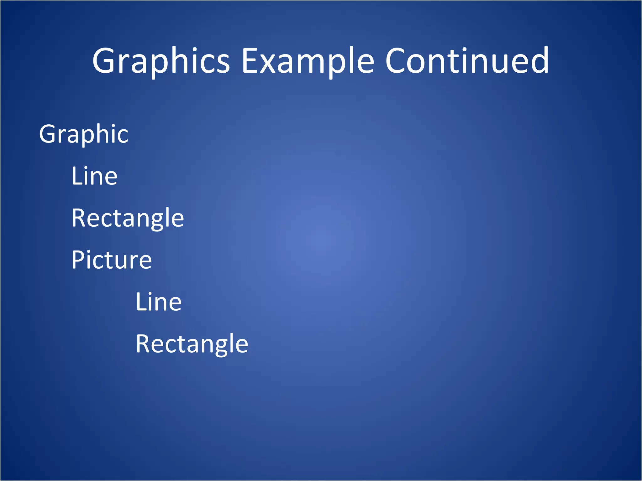 Graphics Example Continued
Graphic
  Line
  Rectangle
  Picture
        Line
        Rectangle
 