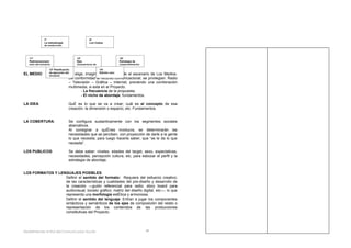7º                                 9º
               La metodología                     Los Costos
               de producción




   11º                                   13º                     15º
   Redimensionami                        Ejes                    Estrategia de
   ento del proyecto                     prospectivos de         comercialización

                   12º Planificación                       14º
                   de ejecución del                  Edición cero
EL MEDIO:          proyecto
                                    Se
                                     elige, imaginario o real, desde el escenario de Los Medios.
                                  De conformidad al recurso comunicacional, se privilegian: Radio
                                  – Televisión – Gráfica – Internet, previendo una combinación
                                  multimedia, si está en el Proyecto.
                                         - La frecuencia de la propuesta,
                                         - El nicho de abordaje; fundamentos.

LA IDEA:                          Qué es lo que se va a crear; cuál es el concepto de esa
                                  creación; la dimensión o espacio, etc. Fundamentos.


LA COBERTURA:                     Se configura sustantivamente con los segmentos sociales
                                  abarcativos.
                                  Al consignar a quiénes involucra, se determinarán las
                                  necesidades que se perciben, con proyección de darle a la gente
                                  lo que necesita; para luego hacerle saber, que “se le da lo que
                                  necesita”.

LOS PUBLICOS:                     Se debe saber: niveles, edades del target, sexo, expectativas,
                                  necesidades, percepción cultura, etc, para esbozar el perfil y la
                                  estrategia de abordaje.


LOS FORMATOS Y LENGUAJES POSIBLES:
                  Definir el sentido del formato: Requiere del esfuerzo creativo;
                  de las características y cualidades del pre-diseño y desarrollo de
                  la creación —guión referencial para radio; story board para
                  audiovisual; boceto gráfico; matriz del diseño digital, etc—, lo que
                  representa una morfología estética y armoniosa.
                  Definir el sentido del lenguaje: Entran a jugar los componentes
                  sintácticos y semánticos de los ejes de composición del relato o
                  representación de los contenidos de las producciones
                  constitutivas del Proyecto.




Redefiniendo el Rol del Comunicador Social-                                         43
 