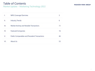 2
I. MPG Coverage Overview 3
II. Industry Trends 6
III. Market Activity and Notable Transactions 11
IV. Featured Companies 16
V. Public Comparables and Precedent Transactions 46
VI. About Us 53
Table of Contents
Market Update – Marketing Technology 2022
 