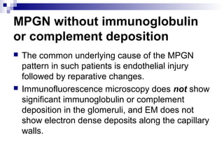 MPGN without immunoglobulin
or complement deposition
 The common underlying cause of the MPGN
pattern in such patients is endothelial injury
followed by reparative changes.
 Immunofluorescence microscopy does not show
significant immunoglobulin or complement
deposition in the glomeruli, and EM does not
show electron dense deposits along the capillary
walls.
 