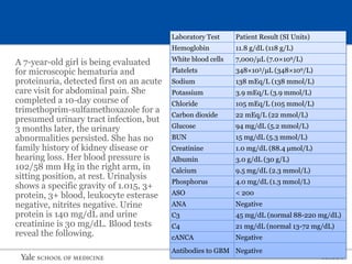 S L I D E 1
A 7-year-old girl is being evaluated
for microscopic hematuria and
proteinuria, detected first on an acute
care visit for abdominal pain. She
completed a 10-day course of
trimethoprim-sulfamethoxazole for a
presumed urinary tract infection, but
3 months later, the urinary
abnormalities persisted. She has no
family history of kidney disease or
hearing loss. Her blood pressure is
102/58 mm Hg in the right arm, in
sitting position, at rest. Urinalysis
shows a specific gravity of 1.015, 3+
protein, 3+ blood, leukocyte esterase
negative, nitrites negative. Urine
protein is 140 mg/dL and urine
creatinine is 30 mg/dL. Blood tests
reveal the following.
Laboratory Test Patient Result (SI Units)
Hemoglobin 11.8 g/dL (118 g/L)
White blood cells 7,000/μL (7.0×109/L)
Platelets 348×103/μL (348×109/L)
Sodium 138 mEq/L (138 mmol/L)
Potassium 3.9 mEq/L (3.9 mmol/L)
Chloride 105 mEq/L (105 mmol/L)
Carbon dioxide 22 mEq/L (22 mmol/L)
Glucose 94 mg/dL (5.2 mmol/L)
BUN 15 mg/dL (5.3 mmol/L)
Creatinine 1.0 mg/dL (88.4 μmol/L)
Albumin 3.0 g/dL (30 g/L)
Calcium 9.5 mg/dL (2.3 mmol/L)
Phosphorus 4.0 mg/dL (1.3 mmol/L)
ASO < 200
ANA Negative
C3 45 mg/dL (normal 88-220 mg/dL)
C4 21 mg/dL (normal 13-72 mg/dL)
cANCA Negative
Antibodies to GBM Negative
 
