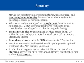 S L I D E 43
Summary
• MPGN can manifest with gross hematuria, proteinuria, and
low complement levels; features that can be mistaken for
poststreptococcal glomerulonephritis
• With more understanding of the complement involvement in
pathogenesis, MPGN classification moved from histological
classification to etiological classification to guide therapy
• Immunocomplexes-associated MPGN occurs due to CP
activation, such as lupus or infections and managed by treating
underlying disease
• Complement-mediated MPGN occurs due to AP activation
• Despite an increased understanding of its pathogenesis, optimal
treatment of MPGN remains uncertain
• In addition to supportive therapies, MPGN can be treated with
steroids, steroid-sparing agents or complement-specific therapies
such as Eculizumab
 