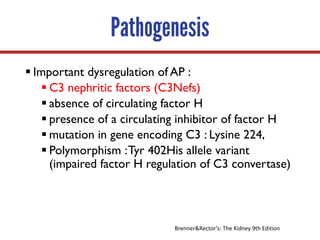 Pathogenesis
§ Important dysregulation of AP :
§ C3 nephritic factors (C3Nefs)
§ absence of circulating factor H
§ presence of a circulating inhibitor of factor H
§ mutation in gene encoding C3 : Lysine 224,
§ Polymorphism :Tyr 402His allele variant
(impaired factor H regulation of C3 convertase)
Brenner&Rector’s:	The	Kidney	9th	Edition	
 