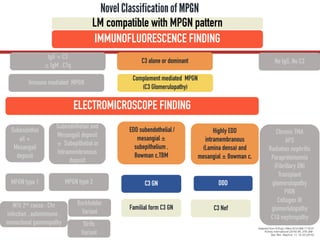 Novel Classificationof MPGN
IMMUNOFLUORESCENCE FINDING
IgG + C3
± IgM , C1q
C3 alone or dominant
Immune mediated MPGN
Complement mediated MPGN
(C3 Glomerulopathy)
ELECTROMICROSCOPE FINDING
Subendothel
ail +
Mesangail
deposit
Highly EDD
intramembranous
(Lamina densa) and
mesangial ± Bowman c,
MPGN type 1
Subendothelail and
Mesangail deposit
± Subepithelial or
Intramembranous
deposit
MPGN type 3 DDD
EDD subendothelial /
mesangial ±
subepithelium ,
Bowman c,TBM
C3 GN
Burkholder
Variant
Strife
Variant
W/U 2nd cause : Chr
infection , autoimmune ,
monoclonal gammopathy
Familial form C3 GN
Adapted from N Engl J Med 2012;366:1119-31
Kidney International (2016) 89, 278–288.
Nat. Rev. Nephrol. 11, 14–22 (2015)
LM compatible with MPGN pattern
No IgG, No C3
Chronic TMA
APS
Radiation nephritis
Paraproteinemia
(Fibrillary GN)
Transplant
glomerulopathy
PIGN
Collagen III
glomerlulopathy
C1Q nephropathy
C3 Nef
 