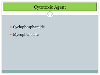 Cytotoxic Agent



 Cyclophosphamide

 Mycophenolate
 