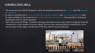 11
• The production area shall be designed to allow the production preferably in unit flow and with sequence
of operations.
• In order to avoid the risk of cross-contamination, separate dedicated and self-contained facilities shall
be made available for the production of sensitive pharmaceutical products like penicillin or biological
preparations with live microorganisms.
• Pipe-work, electrical fittings, ventilation openings and similar services lines shall be designed, fixed and
constructed to avoid creation of recesses spaces. Services lines shall preferably be identified by colors
and the nature of the supply and direction of the flow shall be marked/indicated.
 