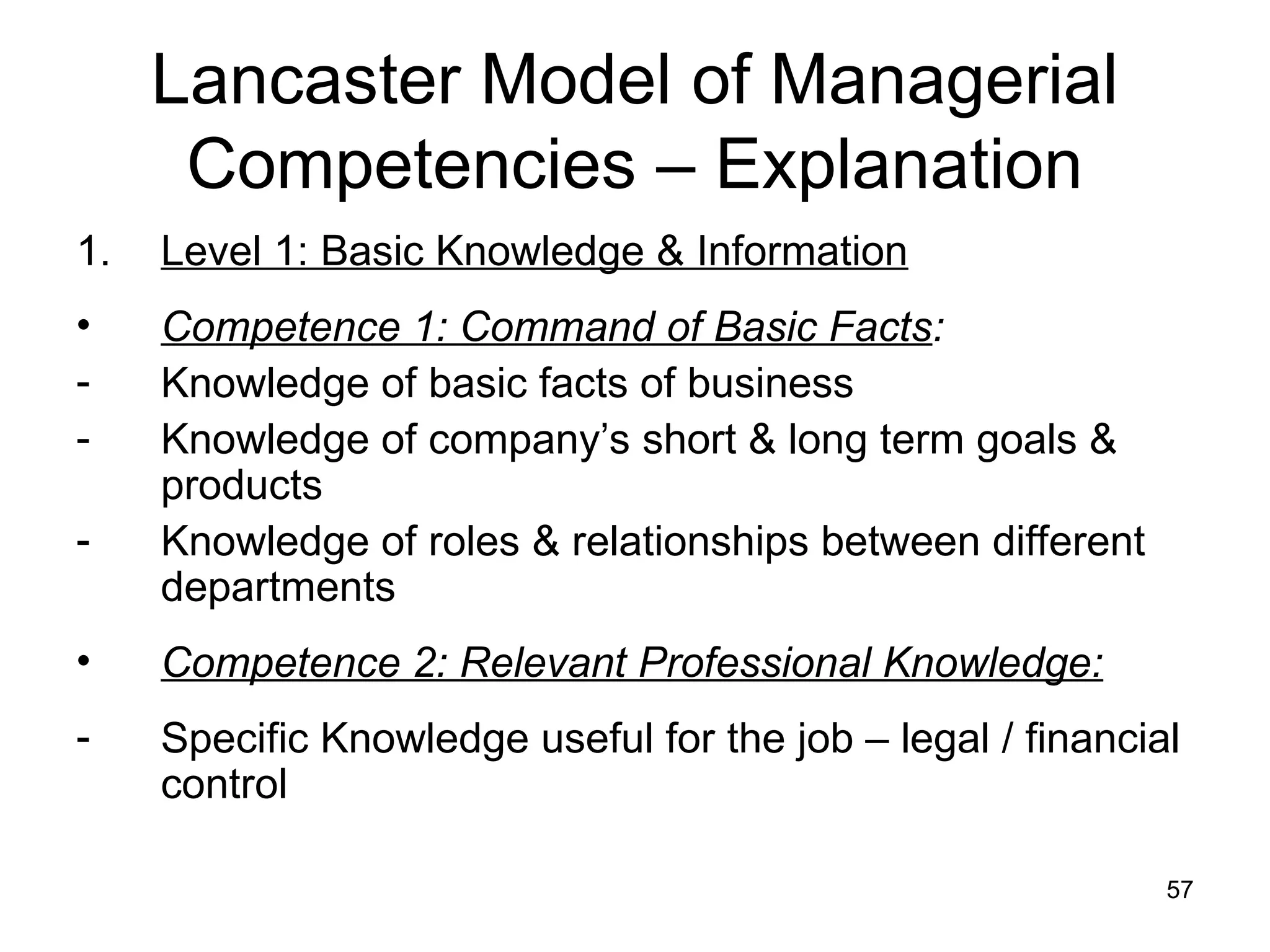 57
Lancaster Model of Managerial
Competencies – Explanation
1. Level 1: Basic Knowledge & Information
• Competence 1: Command of Basic Facts:
- Knowledge of basic facts of business
- Knowledge of company’s short & long term goals &
products
- Knowledge of roles & relationships between different
departments
• Competence 2: Relevant Professional Knowledge:
- Specific Knowledge useful for the job – legal / financial
control
 