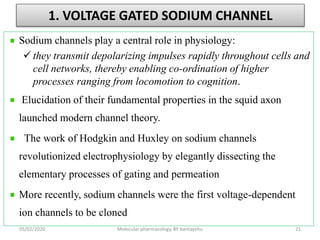 1. VOLTAGE GATED SODIUM CHANNEL
Sodium channels play a central role in physiology:
 they transmit depolarizing impulses rapidly throughout cells and
cell networks, thereby enabling co-ordination of higher
processes ranging from locomotion to cognition.
Elucidation of their fundamental properties in the squid axon
launched modern channel theory.
The work of Hodgkin and Huxley on sodium channels
revolutionized electrophysiology by elegantly dissecting the
elementary processes of gating and permeation
More recently, sodium channels were the first voltage-dependent
ion channels to be cloned
05/02/2020 Molecular pharmacology, BY bantayehu 21
 