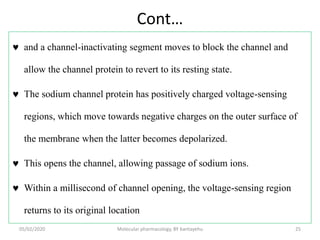 Cont…
 and a channel-inactivating segment moves to block the channel and
allow the channel protein to revert to its resting state.
 The sodium channel protein has positively charged voltage-sensing
regions, which move towards negative charges on the outer surface of
the membrane when the latter becomes depolarized.
 This opens the channel, allowing passage of sodium ions.
 Within a millisecond of channel opening, the voltage-sensing region
returns to its original location
05/02/2020 Molecular pharmacology, BY bantayehu 25
 