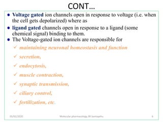 CONT…
Voltage gated ion channels open in response to voltage (i.e. when
the cell gets depolarized) where as
ligand gated channels open in response to a ligand (some
chemical signal) binding to them.
The Voltage-gated ion channels are responsible for
 maintaining neuronal homeostasis and function
 secretion,
 endocytosis,
 muscle contraction,
 synaptic transmission,
 ciliary control,
 fertilization, etc.
05/02/2020 Molecular pharmacology, BY bantayehu 6
 