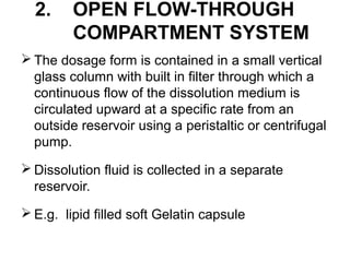 2. OPEN FLOW-THROUGH 
COMPARTMENT SYSTEM 
The dosage form is contained in a small vertical 
glass column with built in filter through which a 
continuous flow of the dissolution medium is 
circulated upward at a specific rate from an 
outside reservoir using a peristaltic or centrifugal 
pump. 
Dissolution fluid is collected in a separate 
reservoir. 
E.g. lipid filled soft Gelatin capsule 
 