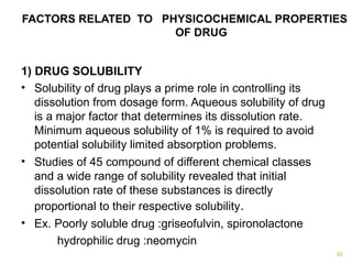 FACTORS RELATED TO PHYSICOCHEMICAL PROPERTIES 
OF DRUG 
1) DRUG SOLUBILITY 
• Solubility of drug plays a prime role in controlling its 
dissolution from dosage form. Aqueous solubility of drug 
is a major factor that determines its dissolution rate. 
Minimum aqueous solubility of 1% is required to avoid 
potential solubility limited absorption problems. 
• Studies of 45 compound of different chemical classes 
and a wide range of solubility revealed that initial 
dissolution rate of these substances is directly 
proportional to their respective solubility. 
• Ex. Poorly soluble drug :griseofulvin, spironolactone 
hydrophilic drug :neomycin 
82 
 