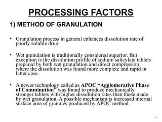 PROCESSING FACTORS 
1) METHOD OF GRANULATION 
• Granulation process in general enhances dissolution rate of 
poorly soluble drug. 
• Wet granulation is traditionally considered superior. But 
exception is the dissolution profile of sodium salicylate tablets 
prepared by both wet granulation and direct compression 
where the dissolution was found more complete and rapid in 
latter case. 
• A newer technology called as APOC “Agglomerative Phase 
of Comminution” was found to produce mechanically 
stronger tablets with higher dissolution rates than those made 
by wet granulation. A possible mechanism is increased internal 
surface area of granules produced by APOC method. 
98 
 
