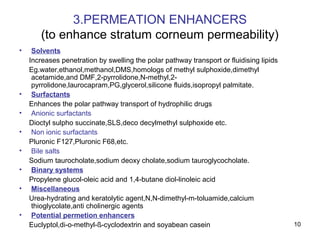 10 
3.PERMEATION ENHANCERS 
(to enhance stratum corneum permeability) 
• Solvents 
Increases penetration by swelling the polar pathway transport or fluidising lipids 
Eg.water,ethanol,methanol,DMS,homologs of methyl sulphoxide,dimethyl 
acetamide,and DMF,2-pyrrolidone,N-methyl,2- 
pyrrolidone,laurocapram,PG,glycerol,silicone fluids,isopropyl palmitate. 
• Surfactants 
Enhances the polar pathway transport of hydrophilic drugs 
• Anionic surfactants 
Dioctyl sulpho succinate,SLS,deco decylmethyl sulphoxide etc. 
• Non ionic surfactants 
Pluronic F127,Pluronic F68,etc. 
• Bile salts 
Sodium taurocholate,sodium deoxy cholate,sodium tauroglycocholate. 
• Binary systems 
Propylene glucol-oleic acid and 1,4-butane diol-linoleic acid 
• Miscellaneous 
Urea-hydrating and keratolytic agent,N,N-dimethyl-m-toluamide,calcium 
thioglycolate,anti cholinergic agents 
• Potential permetion enhancers 
Euclyptol,di-o-methyl-ß-cyclodextrin and soyabean casein 
 