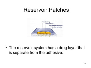 15 
Reservoir Patches 
• The reservoir system has a drug layer that 
is separate from the adhesive. 
 