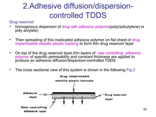 20 
2.Adhesive diffusion/dispersion-controlled 
TDDS 
Drug reservoir 
• homogenous dispersion of drug with adhesive polymer(poly(isobutylene) or 
poly acrylate) 
• Then spreading of this medicated adhesive polymer on flat sheet of drug 
impermeable metallic plastic backing to form thin drug reservoir layer 
• On top of the drug reservoir layer,thin layers of rate controlling adhesive 
polymer of specific permeability and constant thickness are applied to 
produce an adhesive diffusion/dispersion-controlled TDDS 
• The cross sectional view of this system is shown in the following Fig.2 
 