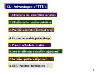 3 
13.1 13.1 AAddvvaannttaaggeess ooff TTTTSS’’ss 
1. Eliminates oral absorption variables. 
2. Eliminates first-pass metabolism 
3. Provides controlled constant drug. 
4. Can accommodate potent drugs 
5. Permits self-administration 
6. Non-invasive (no needles or injections) 
7. Improves patient compliance 
8. Easy treatment termination 
 