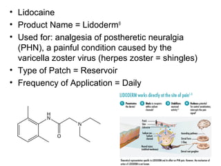 32 
• Lidocaine 
• Product Name = Lidoderm® 
• Used for: analgesia of postheretic neuralgia 
(PHN), a painful condition caused by the 
varicella zoster virus (herpes zoster = shingles) 
• Type of Patch = Reservoir 
• Frequency of Application = Daily 
 