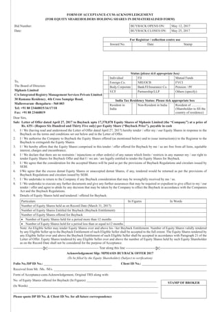---------------------------$---------------------------------------------- Tear along this line ---------------------------$------------------------------------------
STAMP OF BROKER
FORM OF ACCEPTANCE-CUM-ACKNOWLEDGEMENT
(FOR EQUITY SHAREHOLDERS HOLDING SHARES IN DEMATERIALISED FORM)
Bid Number: BUYBACK OPENS ON: May 12, 2017
Date: BUYBACK CLOSES ON: May 25, 2017
To,
The Board of Directors
Mphasis Limited
C/o Integrated Registry Management Services Private Limited
30 Ramana Residency, 4th Cross Sampige Road,
Malleswaram -Bengaluru - 560 003
Tel: +91 80 23460815/16/17/18
Fax: +91 80 23460819
For Registrar / collection centre use
Inward No. Date Stamp
Status (please tick appropriate box)
Individual FII Mutual Funds
Foreign Co. NRI/OCB FVCI
Body Corporate Bank/FI/Insurance Co. Pension / PF
VCF Partnership/LLP Others (specify)
India Tax Residency Status: Please tick appropriate box
Resident in
India
Non-Resident in India Resident of ………
(Shareholder to fill the
country of residence)
Dear Sirs,
Sub:	 Letter of Offer dated April 27, 2017 to Buyback upto 17,370,078 Equity Shares of Mphasis Limited (the “Company”) at a price of
Rs. 635/- (Rupees Six Hundred and Thirty Five only) per Equity Share (“Buyback Price”), payable in cash
1.	 I / We (having read and understood the Letter of Offer dated April 27, 2017) hereby tender / offer my / our Equity Shares in response to the
Buyback on the terms and conditions set out below and in the Letter of Offer.
2. 	 I / We authorise the Company to Buyback the Equity Shares offered (as mentioned below) and to issue instruction(s) to the Registrar to the
Buyback to extinguish the Equity Shares.
3. 	 I / We hereby affirm that the Equity Shares comprised in this tender / offer offered for Buyback by me / us are free from all liens, equitable
interest, charges and encumbrance.
4. 	 I / We declare that there are no restraints / injunctions or other order(s) of any nature which limits / restricts in any manner my / our right to
tender Equity Shares for Buyback Offer and that I / we am / are legally entitled to tender the Equity Shares for Buyback.
5. 	 I / We agree that the consideration for the accepted Shares will be paid as per the provisions of Buyback Regulations and circulars issued by
SEBI.
6. 	 I/We agree that the excess demat Equity Shares or unaccepted demat Shares, if any, tendered would be returned as per the provisions of
Buyback Regulations and circulars issued by SEBI.
7. 	 I / We undertake to return to the Company if any Buyback consideration that may be wrongfully received by me / us.
8. 	 I / We undertake to execute any further documents and give any further assurances that may be required or expedient to give effect to my / our
tender / offer and agree to abide by any decision that may be taken by the Company to effect the Buyback in accordance with the Companies
Act and the Buyback Regulations.
9.	 Details of Equity Shares held and tendered / offered for Buyback:
Particulars In Figures In Words
Number of Equity Shares held as on Record Date (March 31, 2017)
Number of Equity Shares Entitled for Buyback (Buyback Entitlement)
Number of Equity Shares offered for Buyback
•	 Number of Equity Shares held for a period more than 12 months
•	 Number of Equity Shares held for a period less than or equal to12 months
	 Note: An Eligible Seller may tender Equity Shares over and above his / her Buyback Entitlement. Number of Equity Shares validly tendered
by any Eligible Seller up to the Buyback Entitlement of such Eligible Seller shall be accepted to the full extent. The Equity Shares tendered by
any Eligible Seller over and above the Buyback Entitlement of such Eligible Seller shall be accepted in accordance with Paragraph 21 of the
Letter of Offer. Equity Shares tendered by any Eligible Seller over and above the number of Equity Shares held by such Equity Shareholder
as on the Record Date shall not be considered for the purpose of Acceptance.
Acknowledgement Slip: MPHASIS BUYBACK OFFER 2017
(To be filled by the Equity Shareholder) (Subject to verification)
Folio No./DP ID No.: _________________________________________	 Client ID No.: _______________________________________
Received from Mr. /Ms. /M/s. ____________________________________________________________________________________________
Form of Acceptance-cum-Acknowledgement, Original TRS along with:
No. of Equity Shares offered for Buyback (In Figures) __________________________________________
(In Words) ______________________________________________________________________________
_______________________________________________________________________________________
Please quote DP ID No. & Client ID No. for all future correspondence
 
