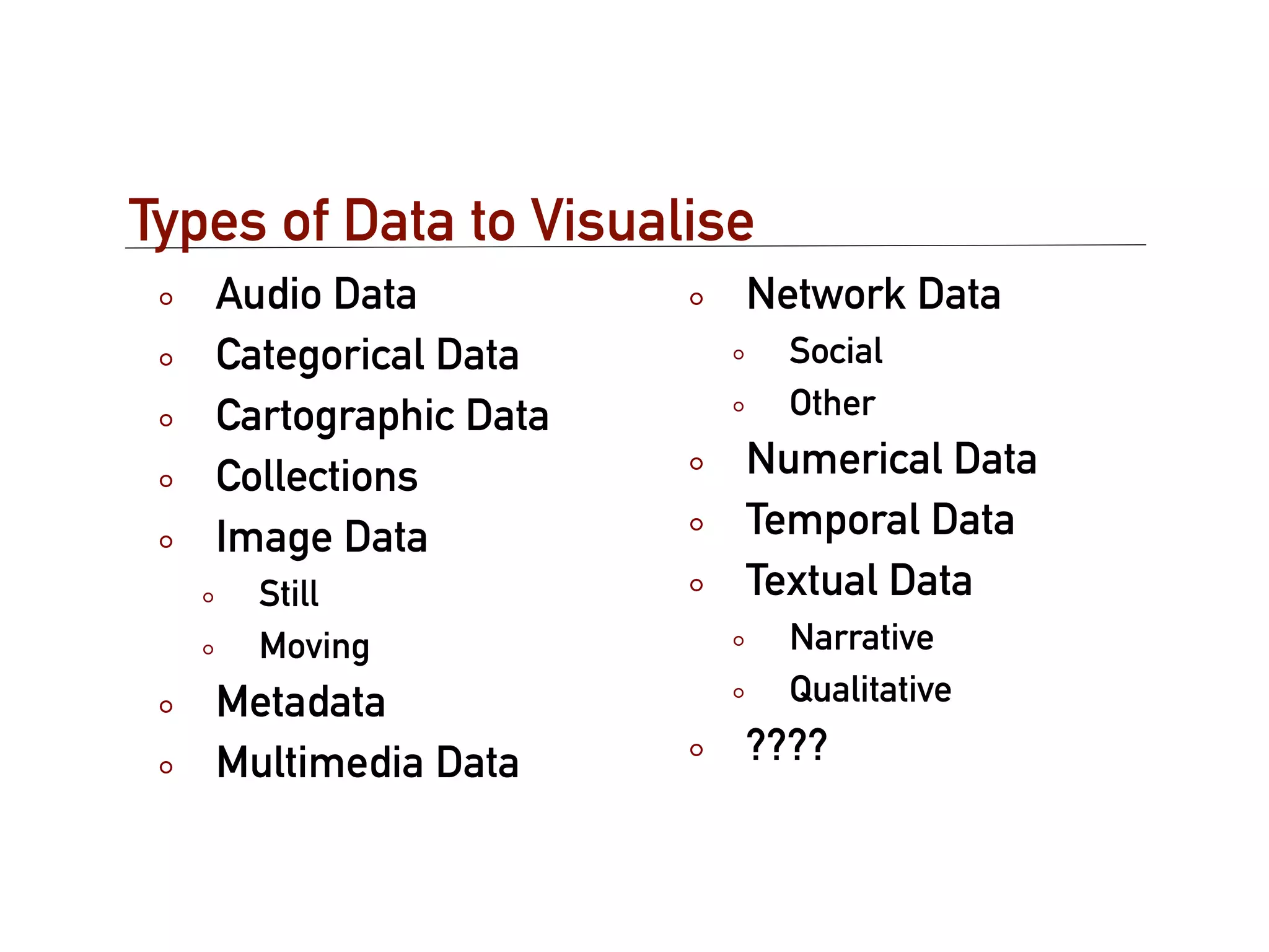 Types of Data to Visualise
   Audio Data            Network Data
   Categorical Data          Social
   Cartographic Data         Other

   Collections           Numerical Data
   Image Data            Temporal Data
     Still               Textual Data
     Moving                  Narrative
   Metadata                  Qualitative

   Multimedia Data       ????
 