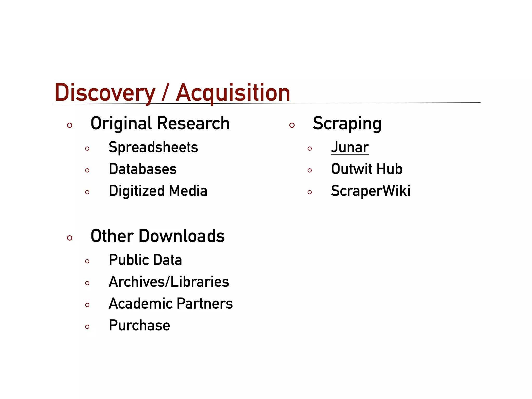 Discovery / Acquisition
   Original Research      Scraping
     Spreadsheets           Junar
     Databases              Outwit Hub
     Digitized Media        ScraperWiki

   Other Downloads
     Public Data
     Archives/Libraries
     Academic Partners
     Purchase
 