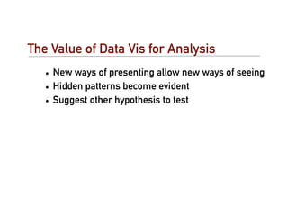 The Value of Data Vis for Analysis
   • New ways of presenting allow new ways of seeing
   • Hidden patterns become evident
   • Suggest other hypothesis to test
 