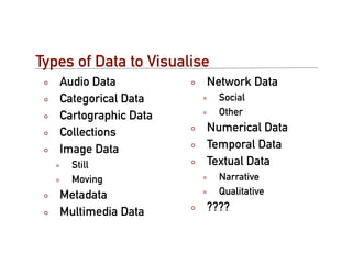 Types of Data to Visualise
   Audio Data            Network Data
   Categorical Data          Social
   Cartographic Data         Other

   Collections           Numerical Data
   Image Data            Temporal Data
     Still               Textual Data
     Moving                  Narrative
   Metadata                  Qualitative

   Multimedia Data       ????
 