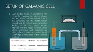 SETUP OF GALVANIC CELL
 Such bridge helps in completing the
circuit for carrying the electric charge
and also makes sure that the solutions in
the containers with the metals remain
neutral and do not mix with each other.
As long as the salt bridge does not
interfere with the redox reaction, under
which oxidization and reduction are
taking place, it does not matter which
salt bridge is being used in the chemical
reaction.
 