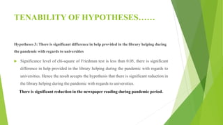TENABILITY OF HYPOTHESES……
Hypotheses 3: There is significant difference in help provided in the library helping during
the pandemic with regards to universities
 Significance level of chi-square of Friedman test is less than 0.05, there is significant
difference in help provided in the library helping during the pandemic with regards to
universities. Hence the result accepts the hypothesis that there is significant reduction in
the library helping during the pandemic with regards to universities.
There is significant reduction in the newspaper reading during pandemic period.
 