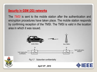 Security in GSM networksThe process of encryption occurs between the BTS and ME without involving the home network. For achieving seamless roaming between different networks all service providers use the same encryption algorithm which is A5 specified by the GSM standard. In a similar manner to the authentication process, the computation of the ciphering key (Kc) takes place internally within theSIM. Fig 1.6.    Ciphering mode initiation mechanismApril 14th , 2010