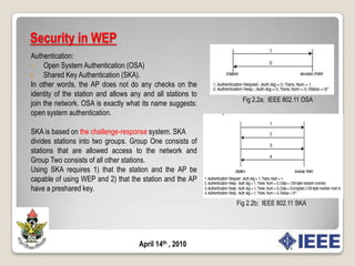 Security in WEPSTA wants to access a network, it has two options: passive scan and active scan.In passive scan, it scans the channels trying to find beacon advertisements from APs in the area. In active scan, the station sends probe-requests over all the channels one-by-one. A particular SSID indicates that the station is looking for a particular network. If the concerned AP receives the probe, it responds with a probe response. All APs which receive this probe-request and which want this particular station to join their network, reply back with a probe-response.April 14th , 2010