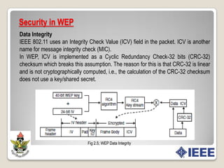 Security in WEPConfidentiality in 802.11WEP uses a preestablished set of keys. Figure 1.4 shows how WEP is used to encrypt an 802.11 MAC Protocol Data Unit (MPDU).Calculate the Integrity Check Value (ICV) over the length of the MPDU and append this 4-byte value to the end of the MPDU.Select a master key to be used from one of the four possible preshared secret keys.Select an IV and concatenate it with the master key to obtain a key seed.The key seed generated in Step 3 is then fed to an RC4 key-generator.A 4-byte header is then appended to the encrypted packet.Fig 2.4 WEPApril 14th , 2010
