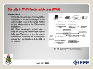 Security in Wi-Fi Protected Access (WPA)Key establishmentIEEE 802.11i task group used two distinct environments: the home network and the enterprise network hence two environments had distinct security requirements and different infrastructure capacities.For the enterprise network, 802.11i specifies the use of IEEE 802.1X for key establishment and authentication. For home deployments of 802.11, 802.11i allows the use of the “out-of-band mechanism” (manual configuration) for key establishment.April 14th , 2010
