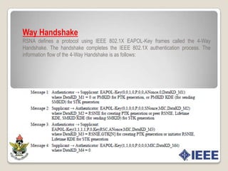 Security in Wi-Fi Protected Access (WPA)WPA extends the two-tier key-hierarchy of WEP to a multitier hierarchy. At the top level is still the master key, referred to as the Pair-wise Master Key (PMK) in WPA. The next level in the key hierarchy is the PTK which is derived fromthe PMK. The final level is the per-packet keys which are generated by feeding the PTK to a key-mixing function.As we saw, WPA is flexible about how the master key (PMK in WPA) is established. The PMK, therefore, may be a preshared16 secret key (WEP-design) or a key derived from an authentication process like 802.1X.Fig 2.6: Key Hierarchy in 802.11April 14th , 2010