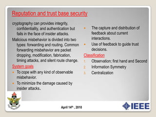 MANETs algorithmsMANETs, mesh networks and multihop sensor networks are instances of multihop wireless networks where nodes forward traffic among each other.Network-Wide Broadcast (NWB) algorithms provide a mechanism to deliver information to nodes in a multihop network without depending on routing state.NWB algorithms may be viewed as two components: (1) redundancy control, which is the component that attempts to reduce redundancy while maintaining coverage, and (2) robustness control, which is the component that attempts to recover from lost rebroadcasts and maintain coverage in the face of losses.Criteria for rebroadcasting includes Probability-Based, Counter-Based, Distance-Based and Location-BasedFig 3.4a:  Flooding Fig 3.4b: Optimized flooding April 14th , 2010