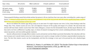 Maliniak, D., Powers, R. and Walter, B.F. (2013) ‘The Gender Citation Gap in International
Relations’, International Organization, 67(4), pp. 889–922. doi:
10.1017/S0020818313000209.
 