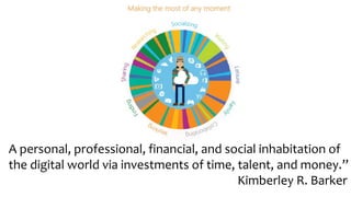 A personal, professional, financial, and social inhabitation of
the digital world via investments of time, talent, and money.”
Kimberley R. Barker
 