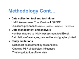 Methodology Cont…
 Data collection tool and technique
HMN Assessment Tool Version 4.00 PDF
Questions pre-coded: 0-24%=0, 25-49%=1, 50-74%=2, 75-100%=3
 Data management and analysis
Number imputed to HMN Assessment tool Excel.
Calculation of averages, percentiles and graphs plotted.
 Study limitations
Dishonest assessment by respondents
Ongoing PBF pilot project influences
The long duration of interview
 